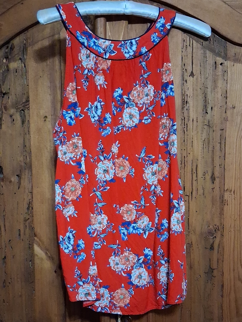 AGB Red Floral Print Sleeveless Dress with Navy Trim